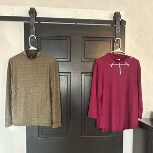 2 items. Gold sparkly shirt. Burgundy long sleeve with mesh and sparkle chest.